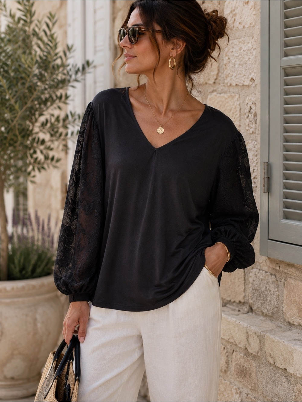 Adrianna Papell XXL Black Lace Sleeve Blouse Euro Summer Quiet Luxury